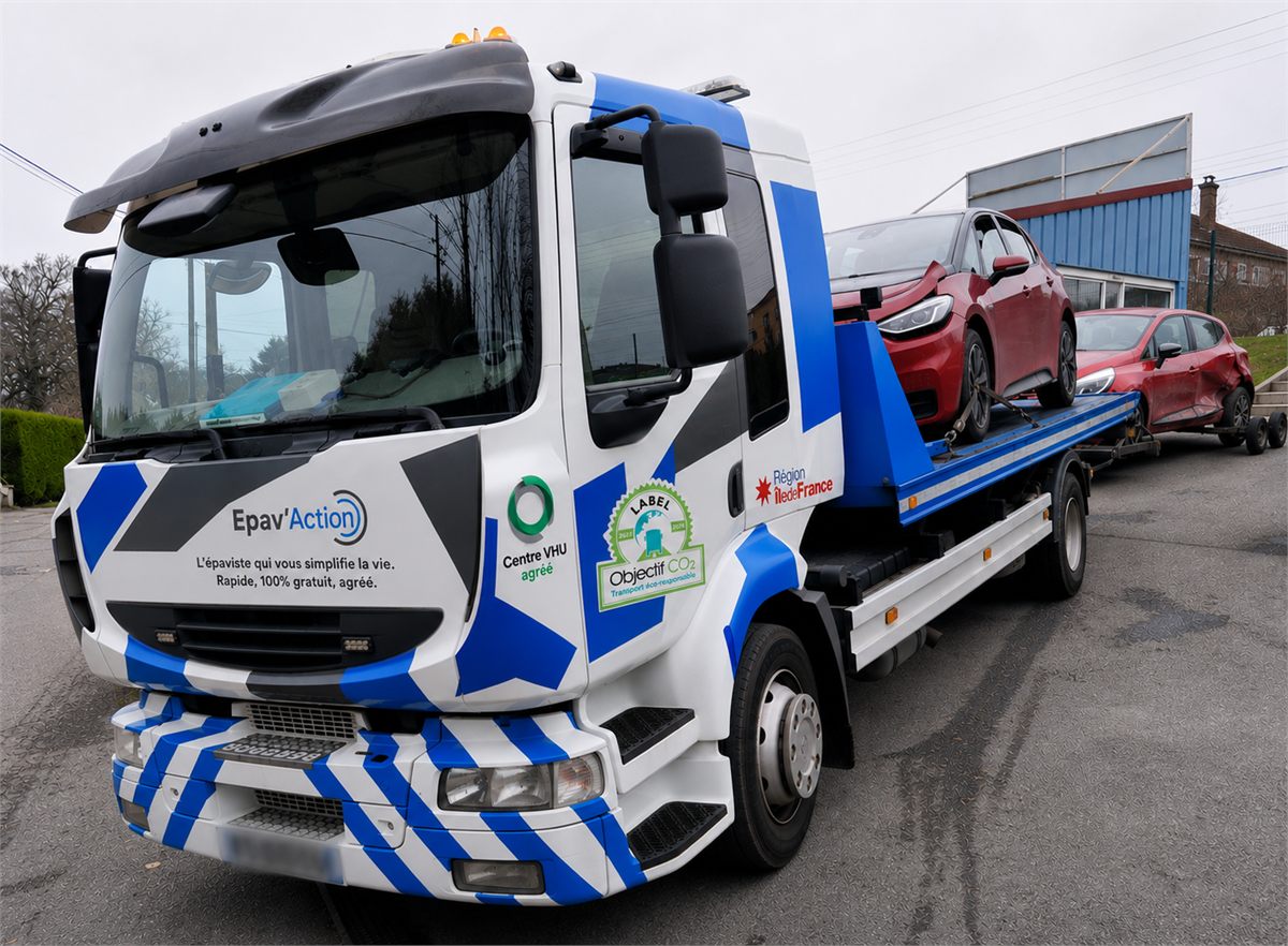 Camion plateau Epav'Action transportant deux véhicules hors d'usage