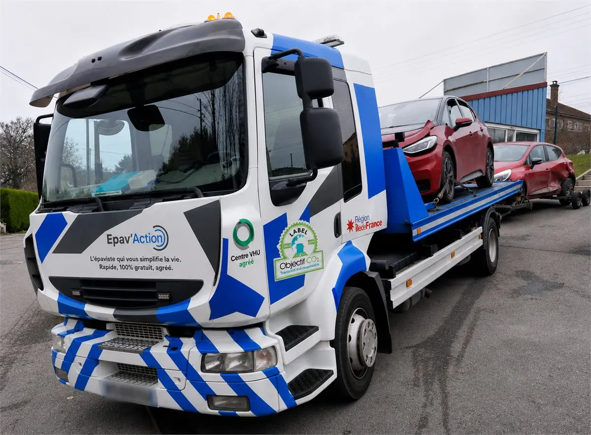 Camion plateau Epav'Action transportant deux véhicules hors d'usage