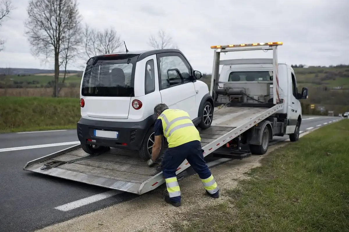 Opérateur en gilet haute visibilité sanglant une voiture sans permis blanche sur un plateau de dépannage