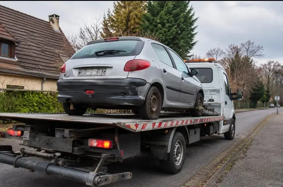 Citadine grise hors d'usage chargée sur le plateau d'un camion de dépannage, dans une rue résidentielle